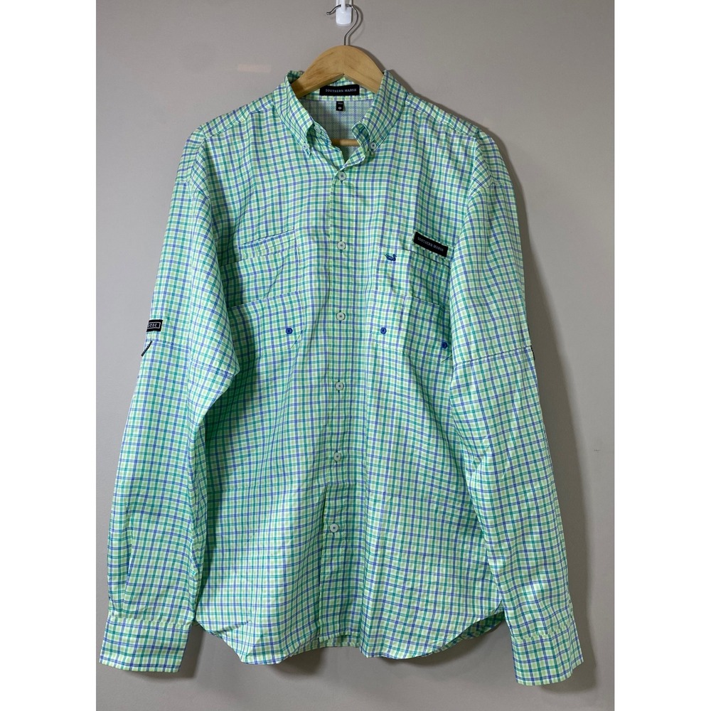 Southern Marsh T-Tec Mens Medium Green Plaid Vented Performance Fishing Shirt LS